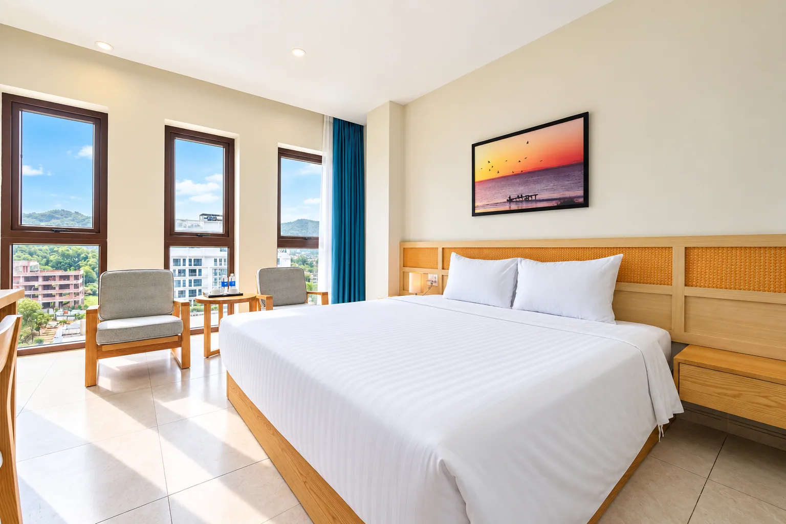 Premier Ocean View room with tall windows and a seating corner at Nam Chau Stellar